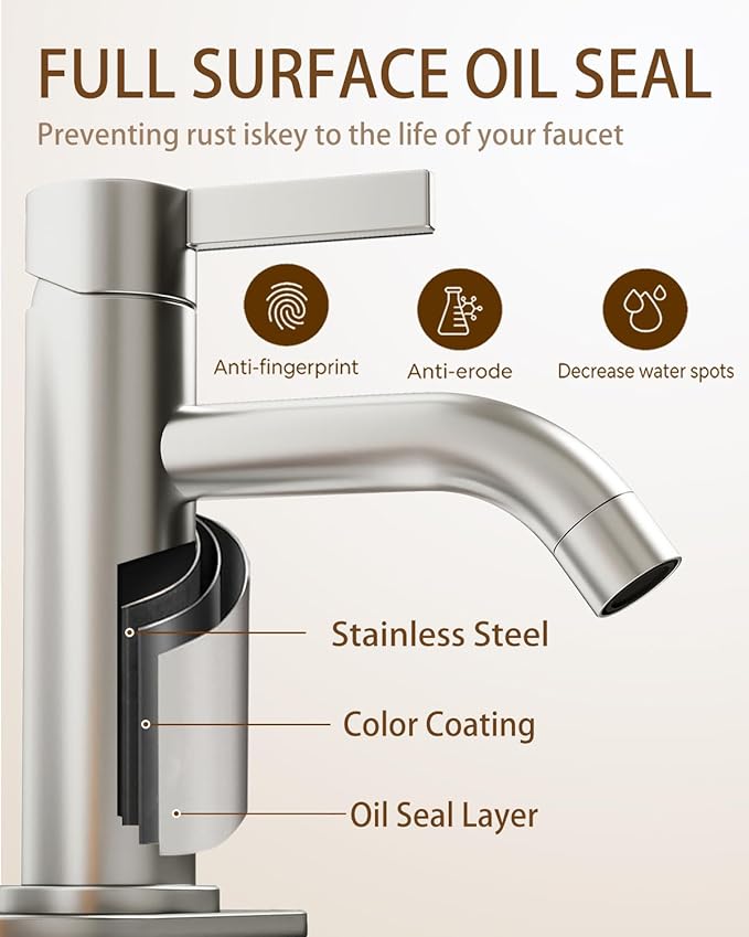 Fransiton Brushed Nickel Bathroom Faucet Single Hole with Pop-Up Bathroom Drain and Flexible Hoses Single Handle Bathroom Sink Faucet w/Deck Plate(1 or 3 Hole) for Vanity Sinks, RV, Farmhouse