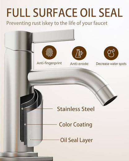 Fransiton Brushed Nickel Bathroom Faucet Single Hole with Pop-Up Bathroom Drain and Flexible Hoses Single Handle Bathroom Sink Faucet w/Deck Plate(1 or 3 Hole) for Vanity Sinks, RV, Farmhouse