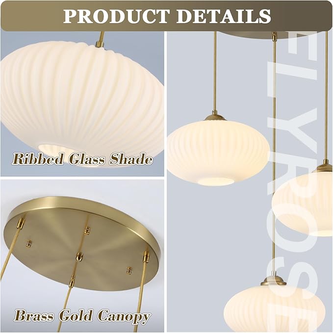 Large White Ribbed Glass Pendant Light Modern 3-Light Cluster Pendant Lighting Mid Century Globe Hanging Pendant Light Brass Gold Chandeliers for Dining Room Living Room