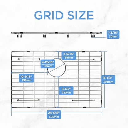 Sanycasa Stainless Steel Kitchen Sink Grid – 24-5/8” x 15-1/2” Sink Protector for Single Bowl Sinks – Rear Drain with Corner Radius 3/8", Durable Sink Grate & Drying Rack for Glassware