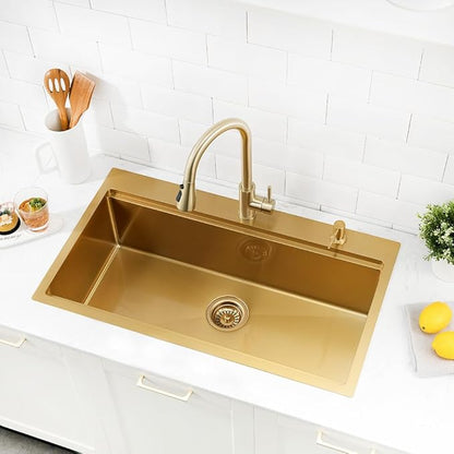 Gold Kitchen Sink Drop In, 33x19 Drop In Kitchen Sink Brushed Gold Stainless Steel Ledge Workstation Single Bowl 16 Gauge Handmade Deep Basin