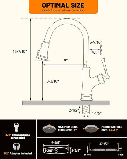 APPASO Oil Rubbed Bronze Kitchen Faucet with Pull Down Sprayer, Antique Bronze Single-Handle High Arc Single Hole, cUPC-Certified Pull-Out Hose, Water Supplies and Valve Core