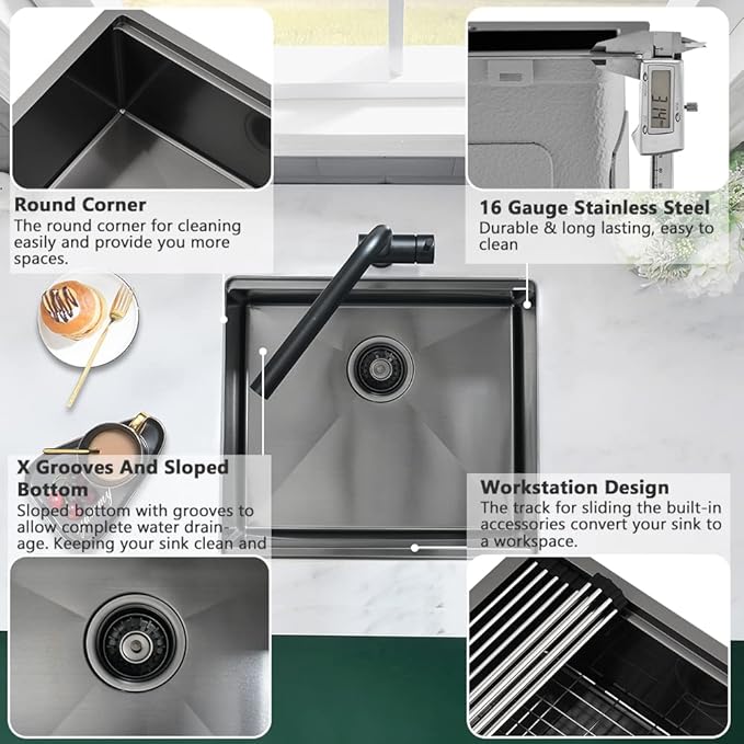 Black Undermount Bar Sink-VASOYO 21x17 Small Kitchen Sink Undermount Wet Bar Sinks 16 Gauge Black Stainless Steel Single Bowl Deep Rv Sinks with Cutting Board