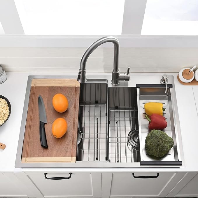 33 Inch Double Bowl Drop In Kitchen Sink Workstation - VOKIM 33 x 22 Inch Drop In Kitchen sink Stainless Steel 16 Gauge 10 Inch Deep Double Bowl Sink