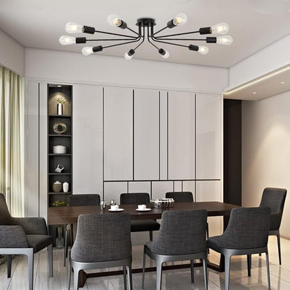 10 Lights Ceiling Light Vintage Metal Semi Flush Mount Light Ceiling Lamp Black Chandelier Lighting Fixture for Living Room Dining Room Kitchen Hallway Cafe