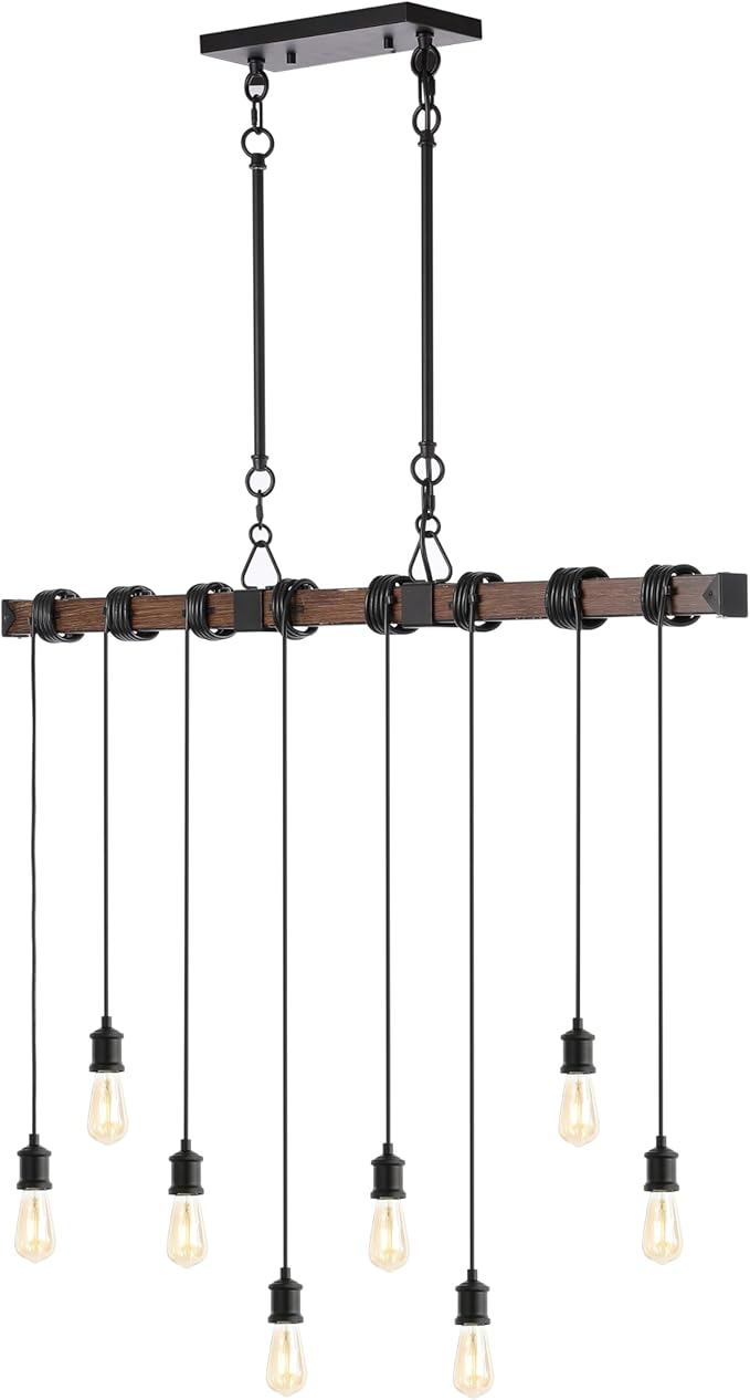 JONATHAN Y 40" Brown Wood Finish and Black 8-Light Iron Linear Chandelier, Vintage Industrial Driftwood Island Light for Dining Room Kitchen Table, LED Bulbs Included JYL1330A