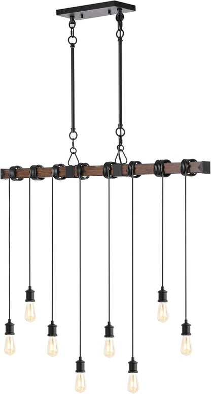 JONATHAN Y 40" Brown Wood Finish and Black 8-Light Iron Linear Chandelier, Vintage Industrial Driftwood Island Light for Dining Room Kitchen Table, LED Bulbs Included JYL1330A