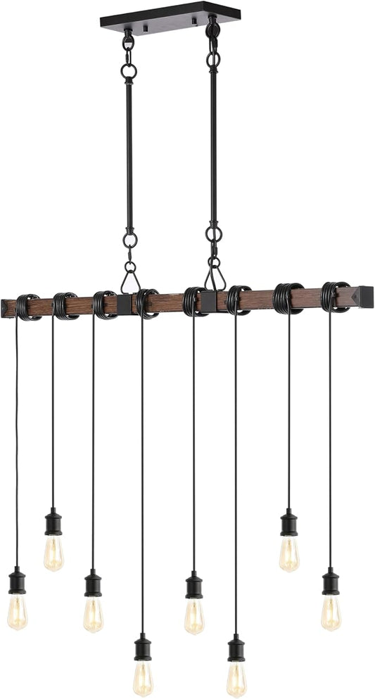 JONATHAN Y 40" Brown Wood Finish and Black 8-Light Iron Linear Chandelier, Vintage Industrial Driftwood Island Light for Dining Room Kitchen Table, LED Bulbs Included JYL1330A