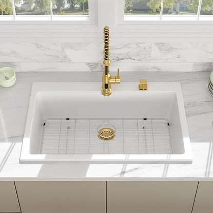 33 Granite Composite Kitchen Sink - Beslend 33x22 Inch Drop In Granite Kitchen Sink Topmount White Quartz Sinks Classic Above Counter Single Bowl Basin