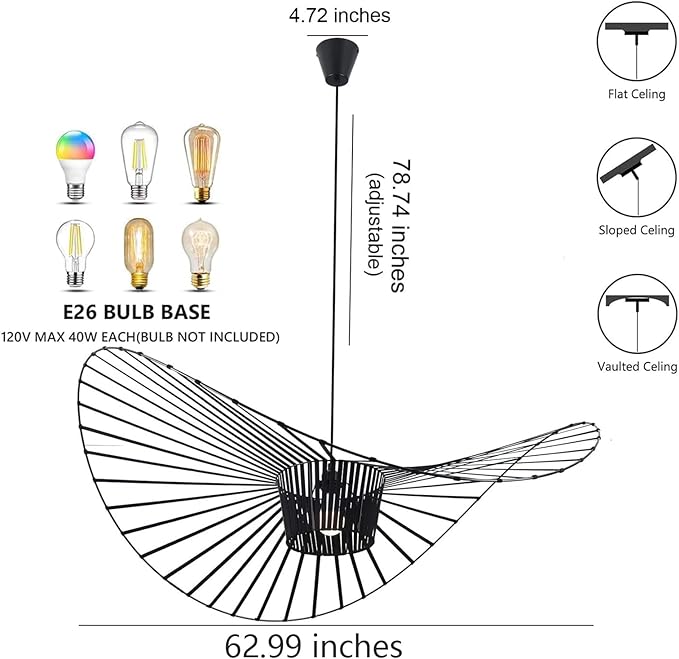 Modern Black Woven Chandelier, 62.99" Farmhouse Coastal Hat Pendant Light Fixtures Matte Black Handwoven Shade Boho Pendant Hanging Lamp for Kitchen Dining Room Bedroom Foyer Hallway