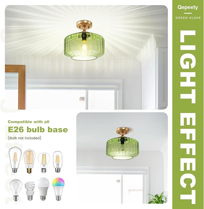 Green Semi Flush Mount Ceiling Light Fixture Vintage Antique Brass Flush Mount Overhead Light Glass Gold Chandelier for Farmhouse Closet Entryway Bathroom