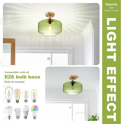 Green Semi Flush Mount Ceiling Light Fixture Vintage Antique Brass Flush Mount Overhead Light Glass Gold Chandelier for Farmhouse Closet Entryway Bathroom