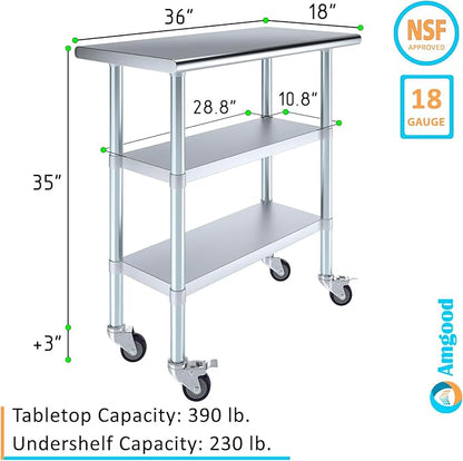 Stainless Steel Work Table with 2 Shelves and Casters | Kitchen Island Food Prep | Laundry Garage Utility Bench | NSF Certified (36" Long x 18" Deep)