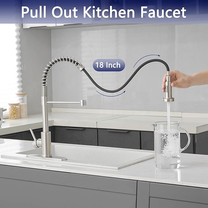 VOTON Kitchen Faucets with Pull Out Sprayer Commercial Spring Sink Faucet Stainless Steel Brushed Nickel Pull Down Single Handle Farmhouse faucets with Deck Plate for Camper Laundry Utility Rv Wet Bar
