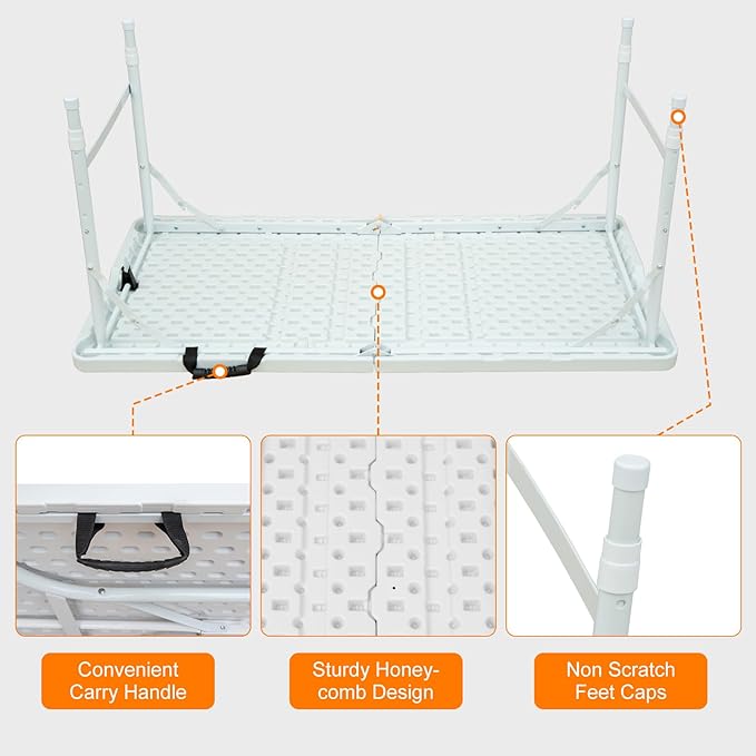 4 FT Folding Table with Carry Handle, Portable Fold-in-Half Plastic Table, Rectangle Foldable Table for Indoor/Outdoor White