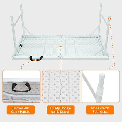 4 FT Folding Table with Carry Handle, Portable Fold-in-Half Plastic Table, Rectangle Foldable Table for Indoor/Outdoor White