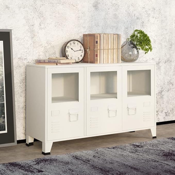 White Metal and Glass Sideboard, Rectangular Storage Cabinet for Living Room, 13.8x41.3x24.4 Inches, Industrial Buffet with 3 Doors Kitchen Furniture