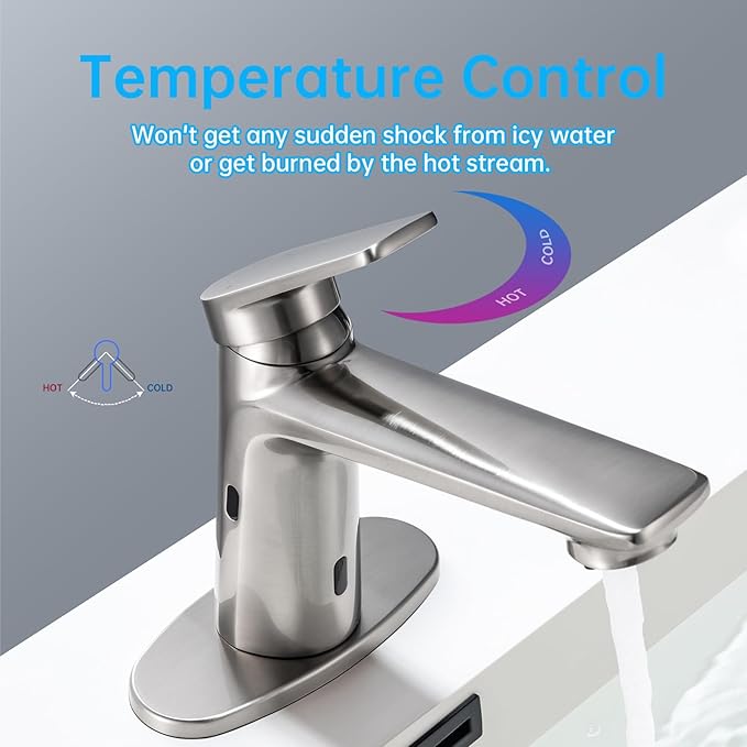 Bathroom Faucet with Built-in Soap Dispenser, Adjustable Hot & Cold Water Temperature, Short & Long Sensor Modes, Touchless Automatic Basin Sensor Faucet (Brushed Nickel)