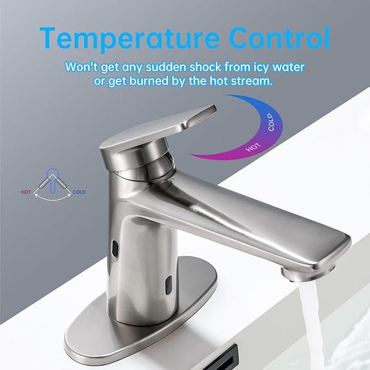 Bathroom Faucet with Built-in Soap Dispenser, Adjustable Hot & Cold Water Temperature, Short & Long Sensor Modes, Touchless Automatic Basin Sensor Faucet (Brushed Nickel)