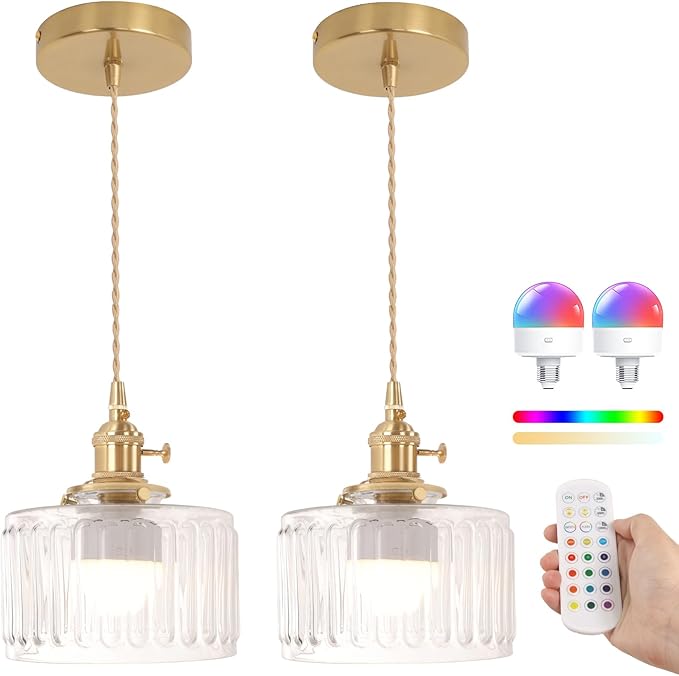 Shenmoyl Battery Operated Pendant Light 5000mAh Rechargeable Chandelier with Remote Control Wireless Adjustable Hanging Clear Striped Light for Kitchen Island Dining Room Hallway, 2 Pack