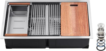 VEVOR 33 inch Kitchen Double Sink, 304 Stainless Steel Undermount Sink Drop-In Single Bowl Farmhouse Basin with Ledge & Multiple Accessories, Household Dishwasher Sinks for Prep Kitchen, Bar 33"*19"