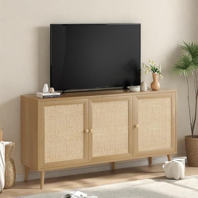 FONTOI Rattan Entryway Table, Entertainment Center with Adjustable Shelf, Sideboard Buffet Cabinet with 3 Rattan Doors, Modern Console Cabinet with Large Storage for Living Room, Kitchen, Brown