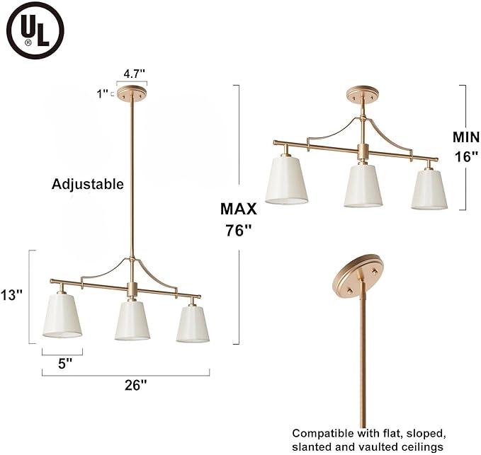 KSANA Brushed Gold Chandelier, Modern 3-Lights Linear Island Light Fixtures with Fabric Shades for Dining Room, Foyer, Bedroom and Living Room