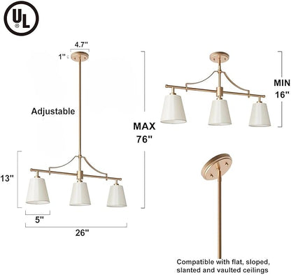 KSANA Brushed Gold Chandelier, Modern 3-Lights Linear Island Light Fixtures with Fabric Shades for Dining Room, Foyer, Bedroom and Living Room