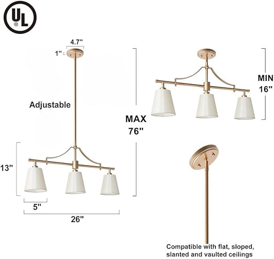 KSANA Brushed Gold Chandelier, Modern 3-Lights Linear Island Light Fixtures with Fabric Shades for Dining Room, Foyer, Bedroom and Living Room