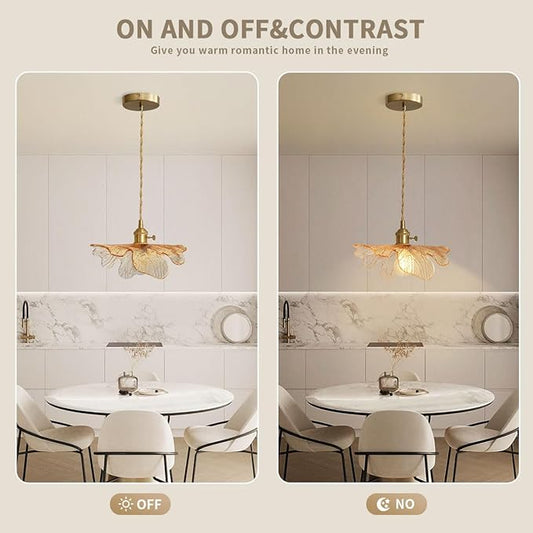 Amber Glass Pendant Lights for Dining Table Mid Century Flower Pendant Lamp with Blown Shade Vintage Gold Brass Adjustable Hanging Light for Kitchen Cabinets Bedroom entryway