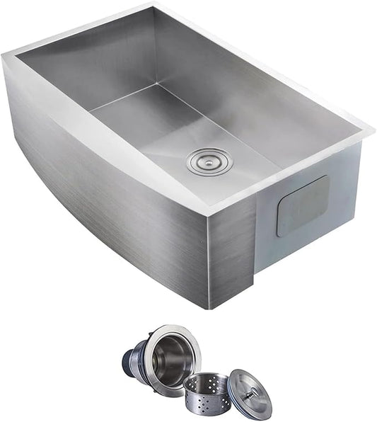 Comllen Commercial 33 Inch 304 Stainless Steel Farmhouse Sink, Single Bowl Kitchen Sinks 16 Gauge 9 Inch Deep Handmade Undermount Farm Apron Front Kitchen Sink