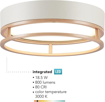 Globe Electric 66000038 18.5W LED Integrated Outdoor Indoor Flush Mount Ceiling Light Fixture, Matte White, Wood Toned Accent, Home Improvement, Front Porch Lighting