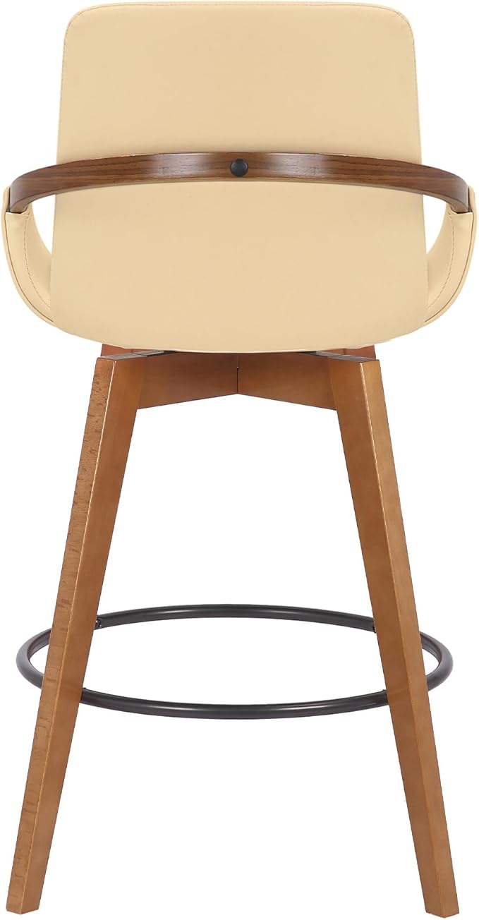Armen Living Baylor Mid Century Modern Swivel Bar Stool for Kitchen Island Counter in Cream Faux Leather and Walnut Wood, 26" Seat Height
