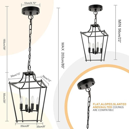 Black Lantern Pendant Light 4-Light Pendant Light Fixtures Hanging Farmhouse Chandelier with E12 Bulb Base, 12" Adjustable Lantern Light Fixture for Dining Room Kitchen Foyer