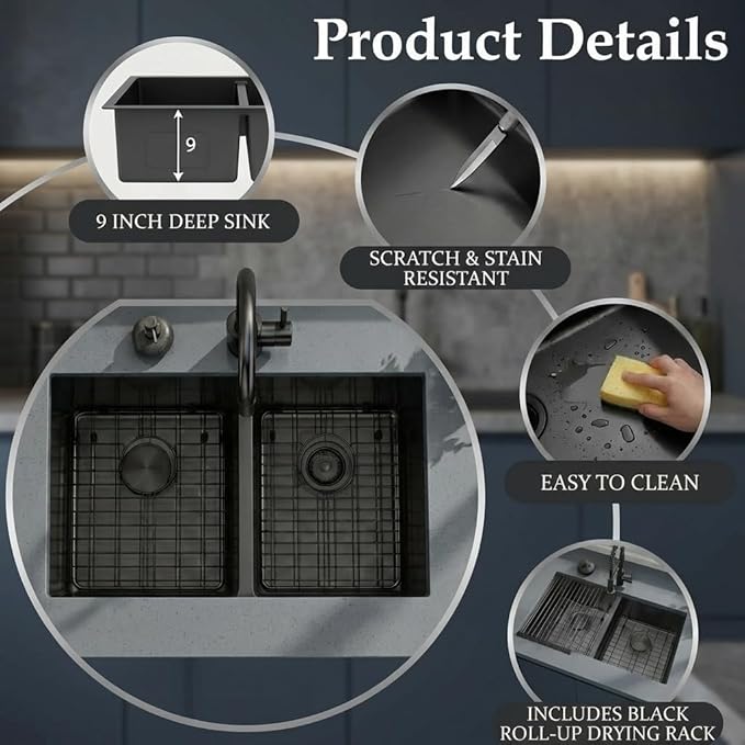 LQS Black Undermount Kitchen Sink 32 Inch, Black Kitchen Sink Undermount 32" x 18", 50/50 Double Bowl 16 Gauge Stainless Steel Sinks with Roll-up Dying Rack and Accessories, R10 Round Corner