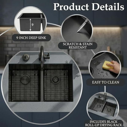 LQS Black Undermount Kitchen Sink 32 Inch, Black Kitchen Sink Undermount 32" x 18", 50/50 Double Bowl 16 Gauge Stainless Steel Sinks with Roll-up Dying Rack and Accessories, R10 Round Corner