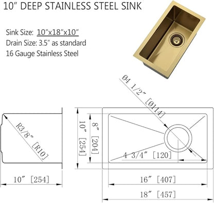 Gold Wet Bar Sink, 10 x 18 Inch Stainless Steel Small Undermount Kitchen Bar Sink 16 Gauge Single Bowl with Grid and Drain Strainer