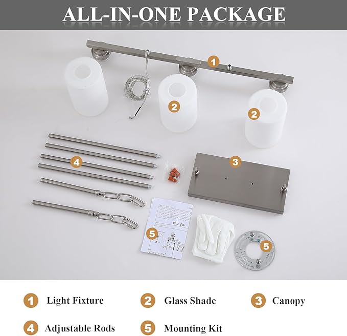 Mecgirn Island Light for Kitchen, Brushed Nickel Dining Room Light Fixture Over Table with Milk Glass Shade, 3-Light Linear Chandelier Pendant Lighting for Dining Table Kitchen Island Living Room