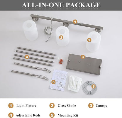 Mecgirn Island Light for Kitchen, Brushed Nickel Dining Room Light Fixture Over Table with Milk Glass Shade, 3-Light Linear Chandelier Pendant Lighting for Dining Table Kitchen Island Living Room
