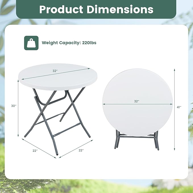 Tangkula 32" Round Folding Table, Portable Picnic Table with All-Weather HDPE Tabletop, Heavy-Duty Metal Frame, Heavy Duty Plastic Outdoor Table for Camping, Dining, BBQ, Party, No Assembly Needed
