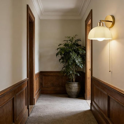 White Glass Wall Light Fixture Vintage Wall Sconces with Pull Chain Switch Brushed Gold Brass Sconce Wall Lighting Retro White Flower Glass Sconce for Bedroom Kitchen Hallway
