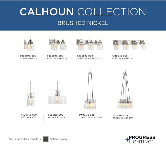 Progress Lighting P300046-009 Calhoun Collection Clear Glass Farmhouse Bath Vanity Light, 2-Light, Brushed Nickel