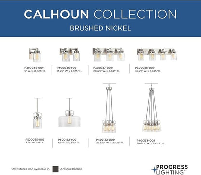 Progress Lighting P300047-009 Calhoun Collection Clear Glass Farmhouse Bath Vanity Light, 3-Light, Brushed Nickel
