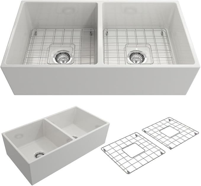 BOCCHI Contempo Farmhouse Apron Front Fireclay 36 in. Double Bowl Kitchen Sink with Protective Bottom Grid and Strainer in White