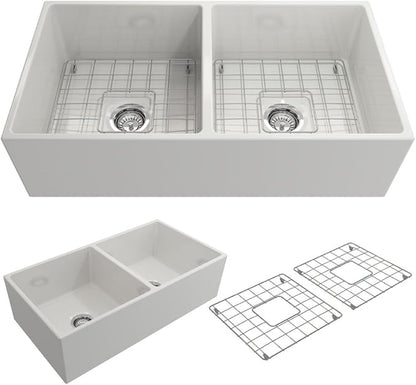 BOCCHI Contempo Farmhouse Apron Front Fireclay 36 in. Double Bowl Kitchen Sink with Protective Bottom Grid and Strainer in White