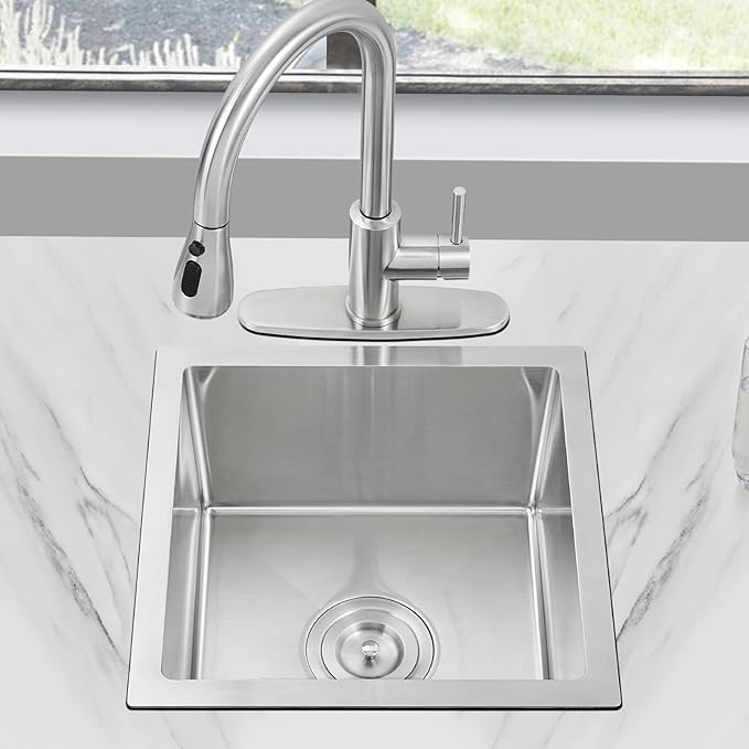 18 inch Bar Sink, KINKIB 18 x 18 x 9 inch Undermount Bar or Prep Kitchen Sink, Handmade Single Bowl T-304 Stainless Steel Small Kitchen Sink with Strainer