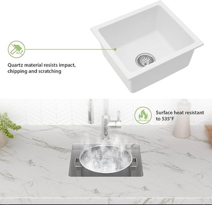 18x16 Inch Undermount Kitchen Granite Composite Sink - 18 inch White Granite Sink Quartz Classic Under Counter Ledge Single Bowl Sink Basin(18"x16") LOF-GC1816