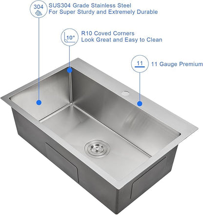 MENATT 30 inch Drop in Kitchen Sink, 304 Stainless Steel Single Bowl Topmount Kitchen Sink with 1 Hole, 9 inch Deep Single Bowl Sink, D30""xW18""xH9"", Brushed, OKL3018U-24