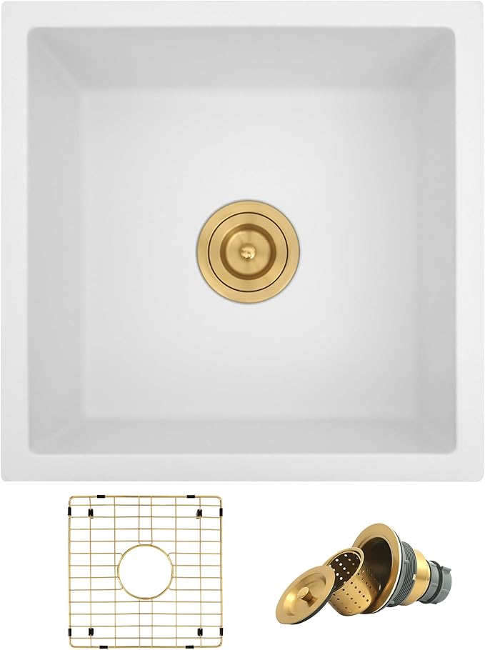 Rhbamoa White Bar Sink 18 Inch,Small Wet Bar Sinks Undermount 18''x18'',9 Inch Depth White Single Bowl Quartz Sinks with Accessories