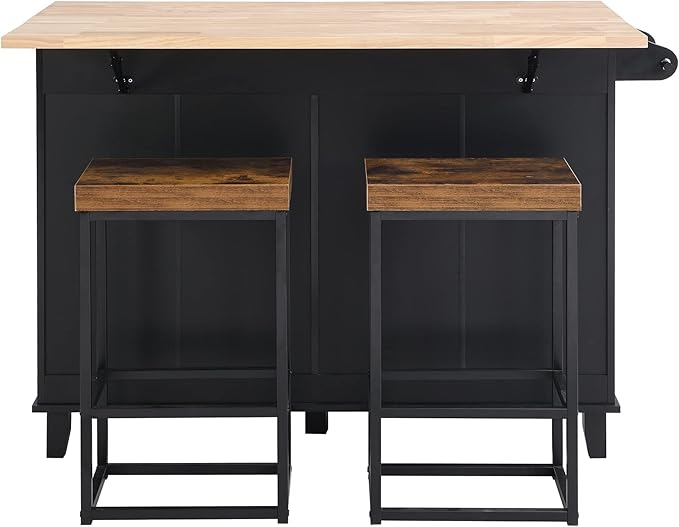 Kitchen Island Set with Drop Leaf and 2 Seatings, Dining Table Set with Storage Cabinet, Drawers and Towel Rack, Suitable for Kitchens, Dining Rooms (Black+Rustic Brown@d)